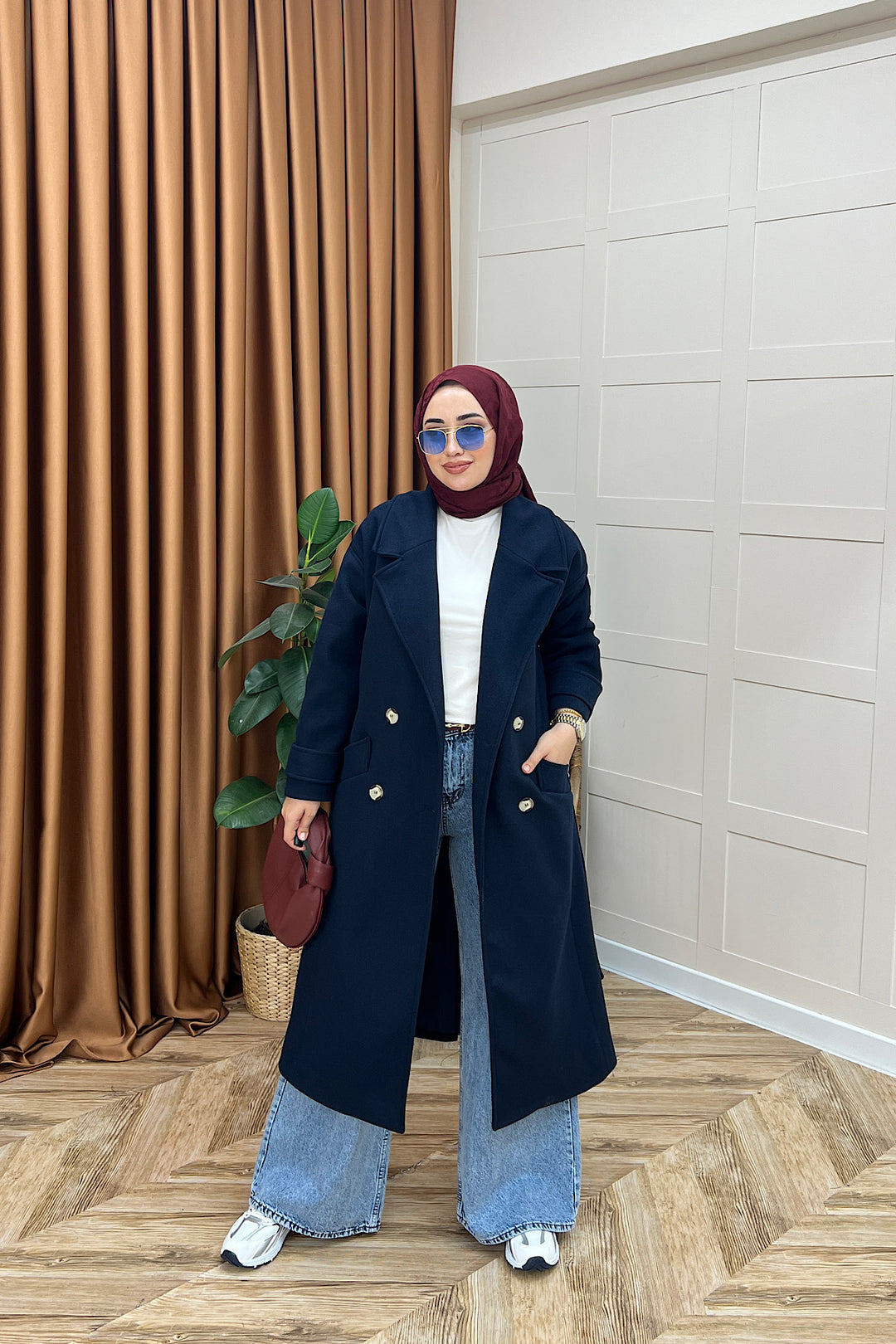 Lara Kuşaklı Kaşe Kaban Lacivert 5541-LACIVERT