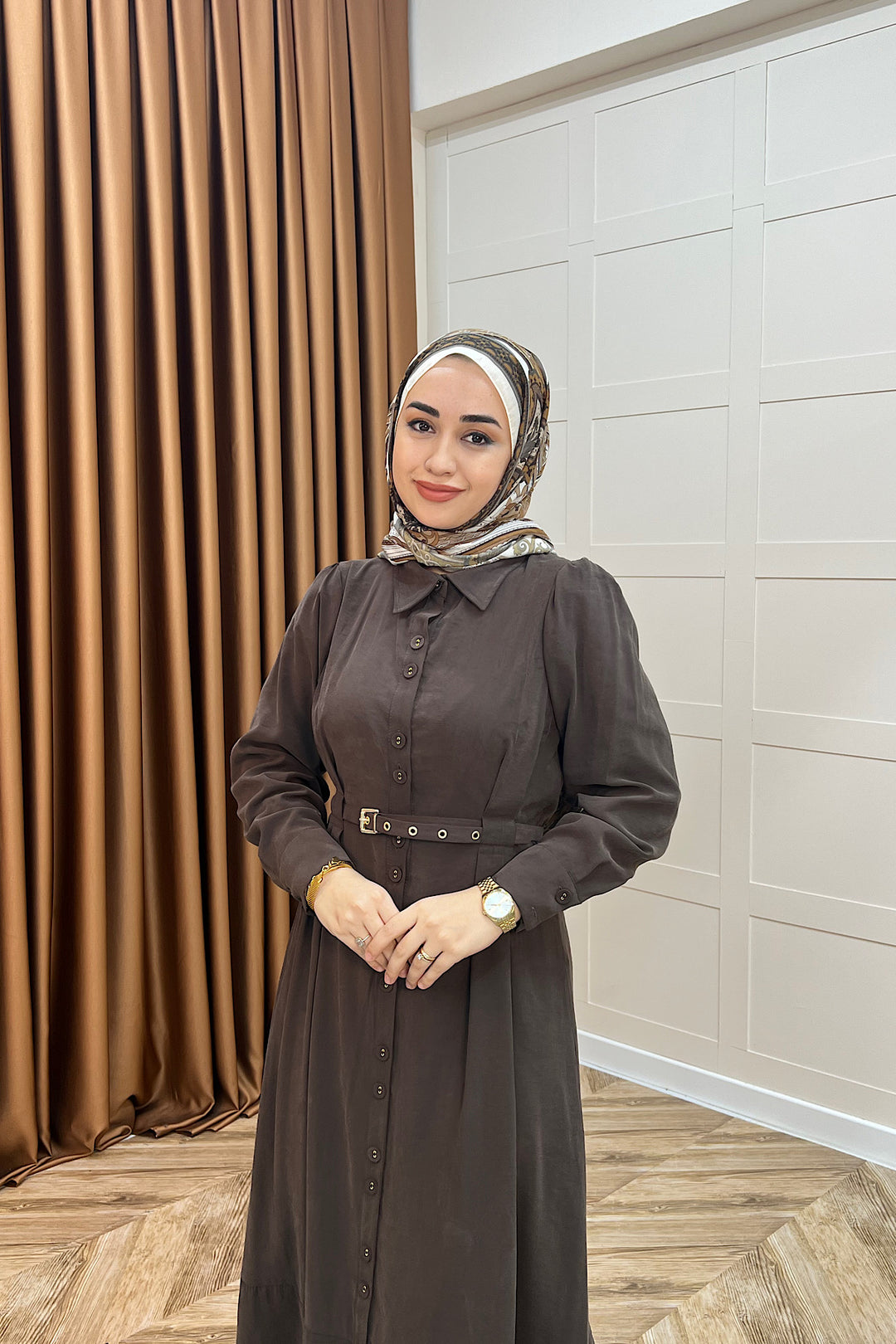 Nisa Boydan Düğmeli Elbise Kahverengi 3000-KAHVERENGI