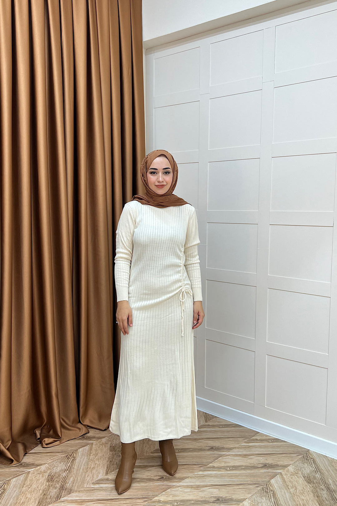 Yandan Büzgülü Triko Elbise Ekru 24870-EKRU