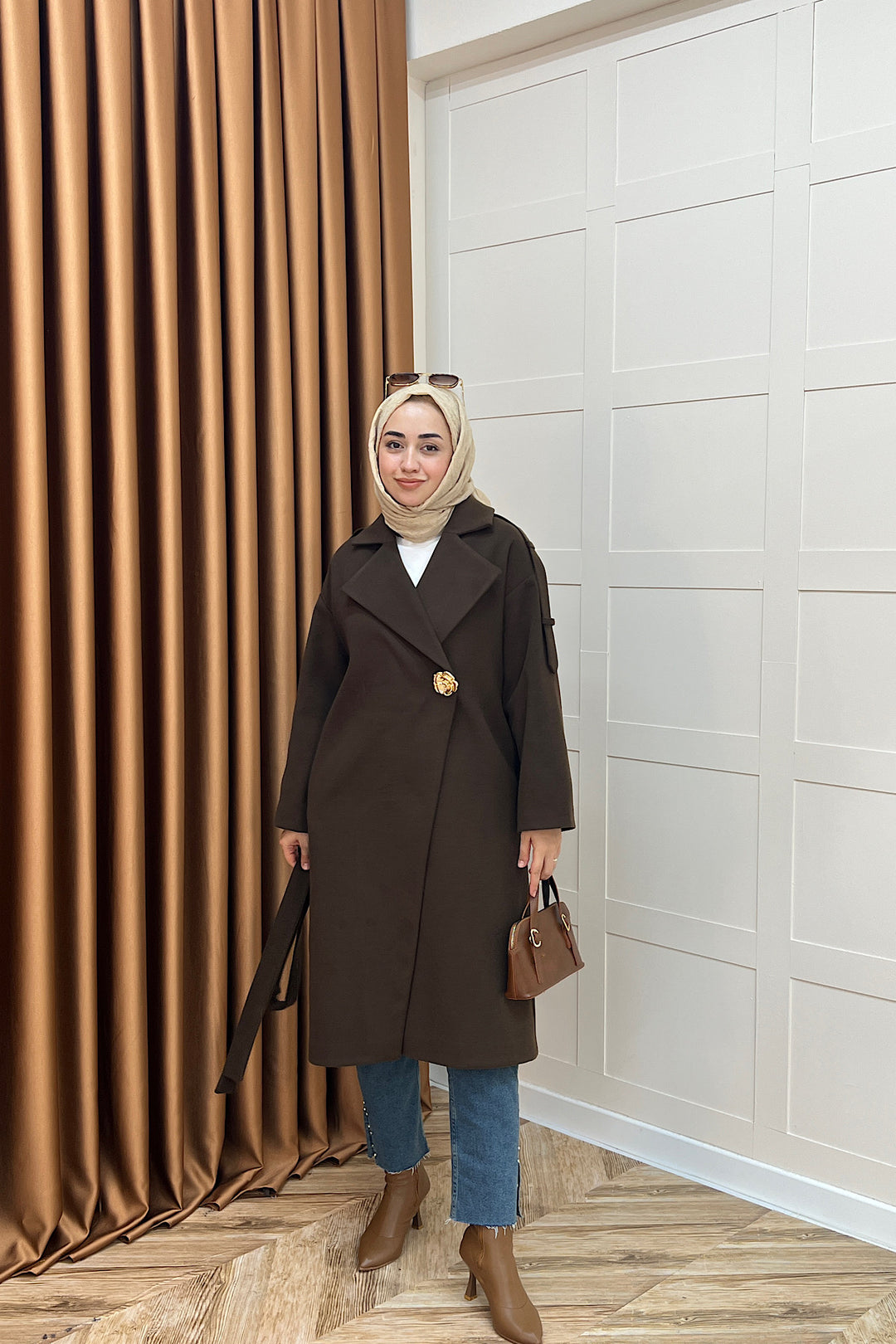 Parya Omuz Detay Kaşe Kaban Kahverengi 5531-KAHVERENGI