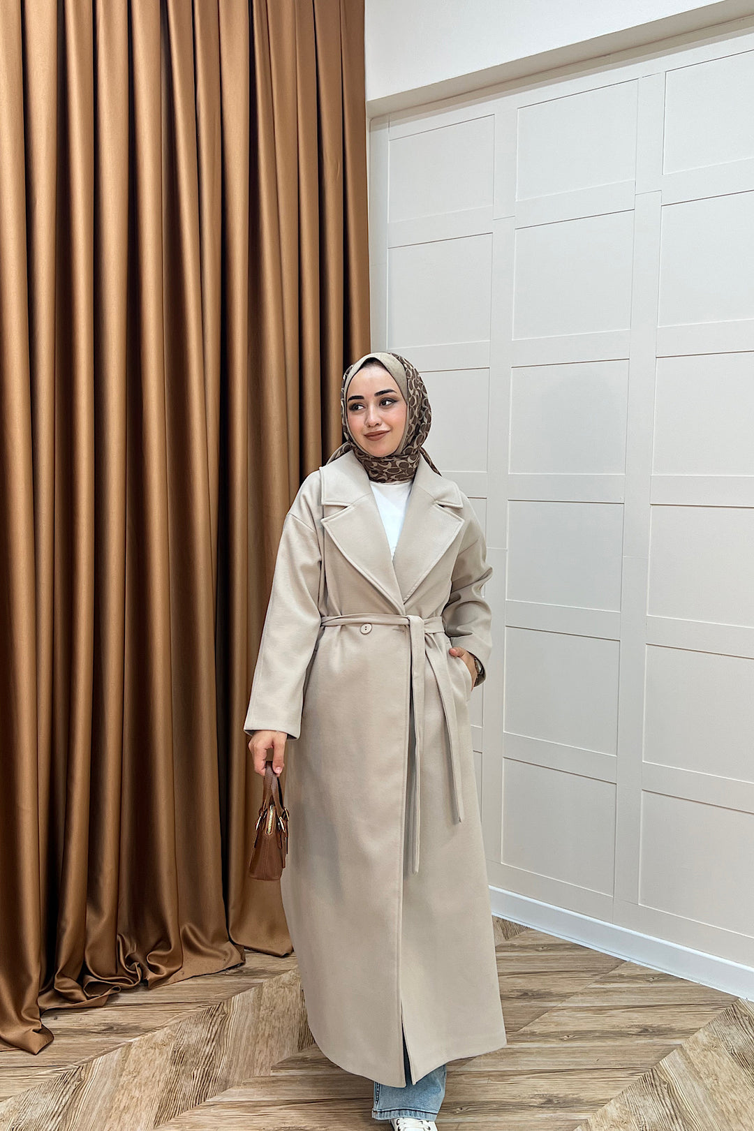 Retro Premium Kumaş Uzun Kaşe Kaban Taş 5509-TAS