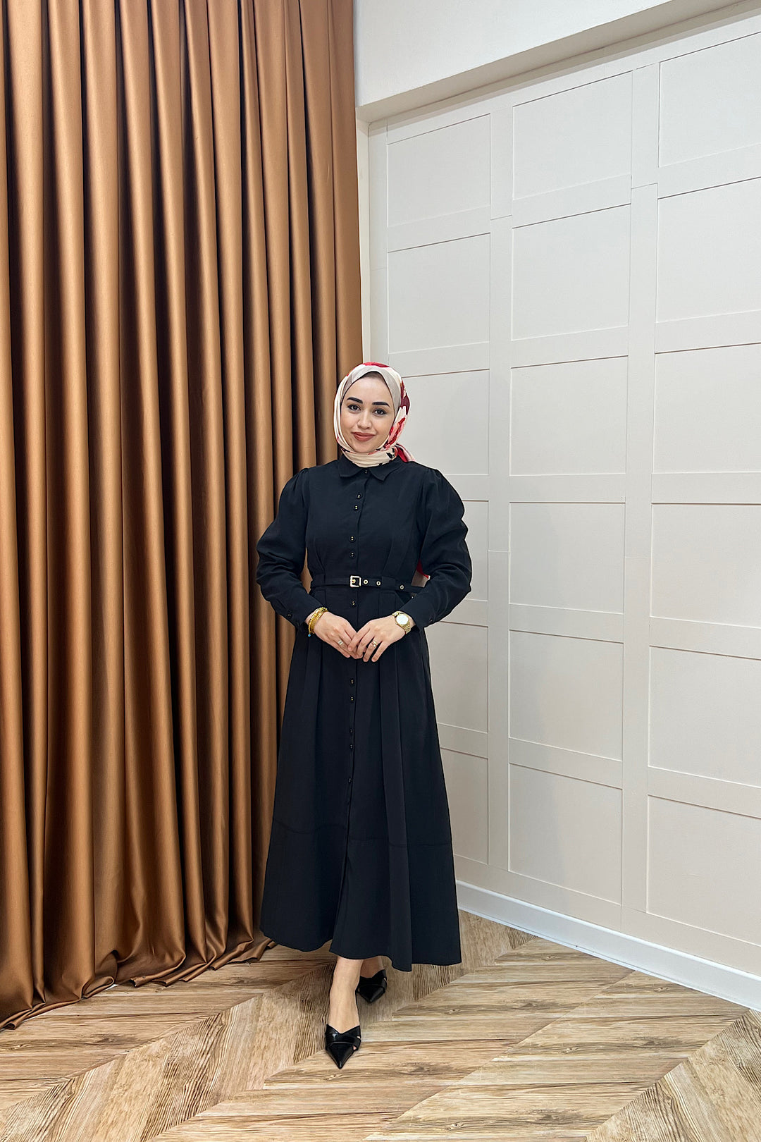 Nisa Boydan Düğmeli Elbise Siyah 3000-SIYAH