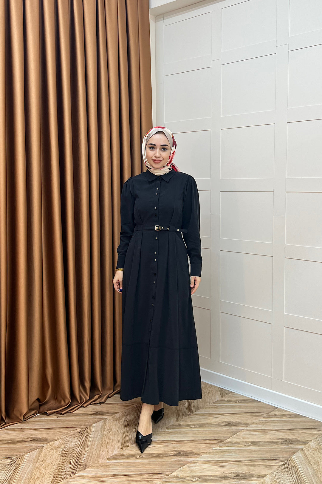Nisa Boydan Düğmeli Elbise Siyah 3000-SIYAH