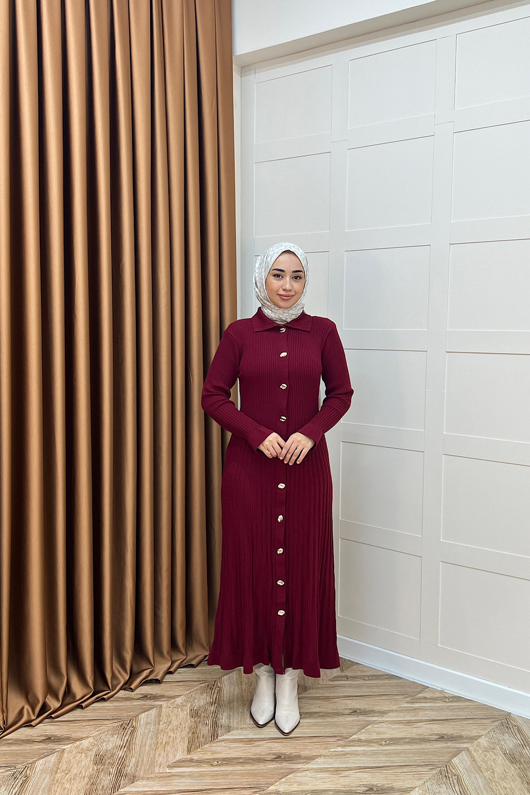 Endam Düğmeli Triko Elbise Bordo 10201-BORDO