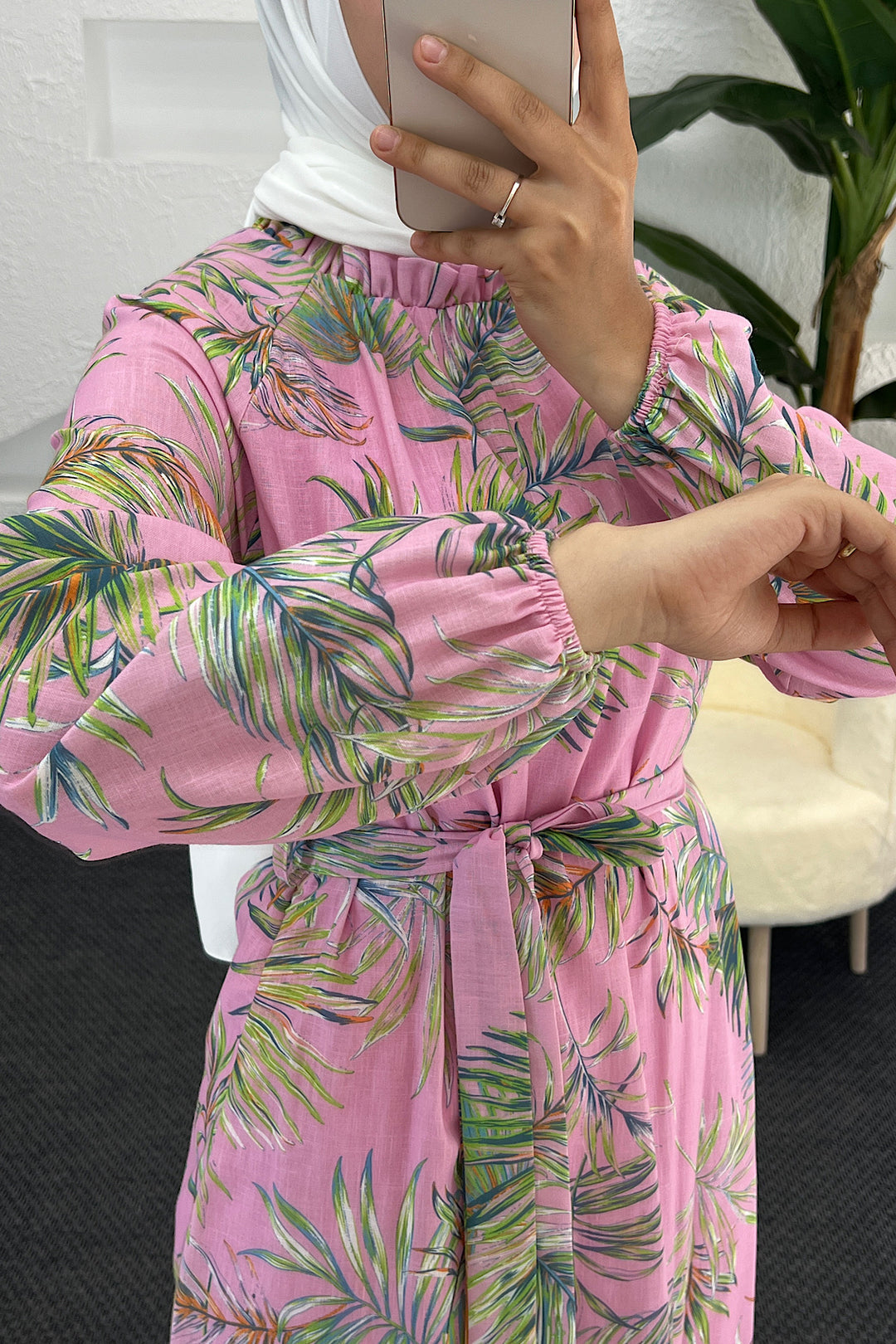 Palmiye Desen Keten Elbise Pembe 4970-PEMBE