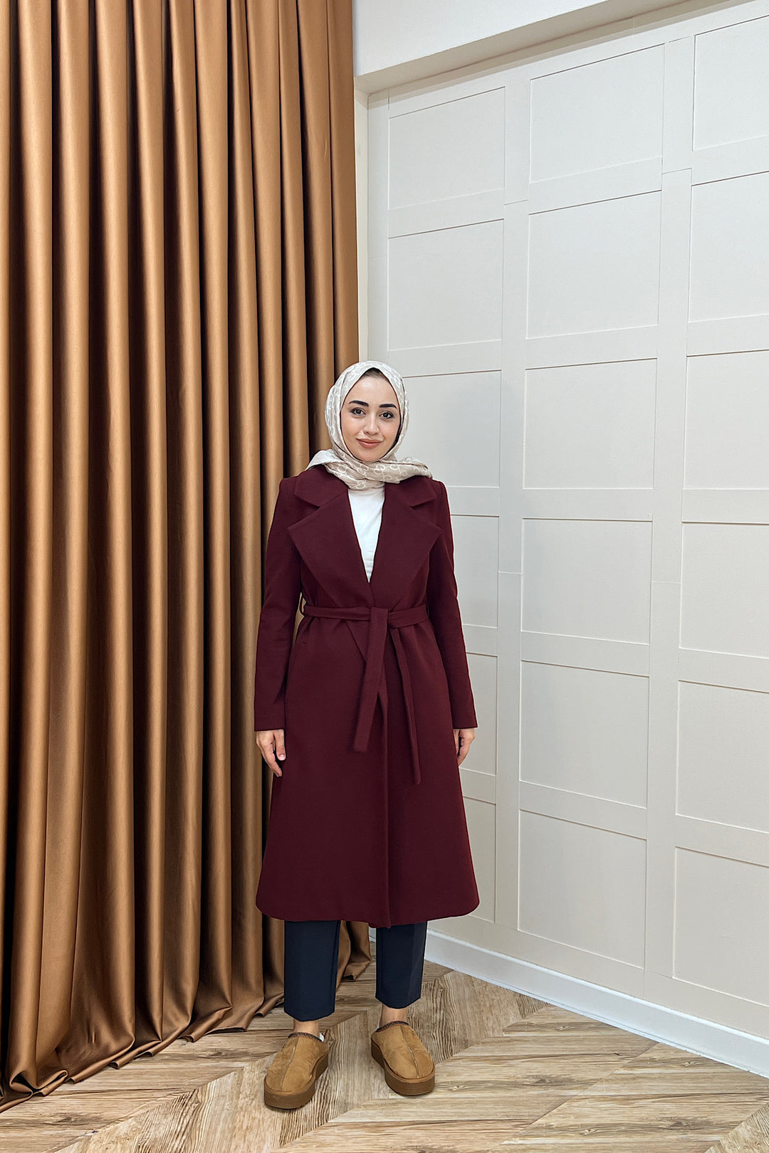 Premium Kuşaklı Kaşe Kaban Bordo 5510-BORDO