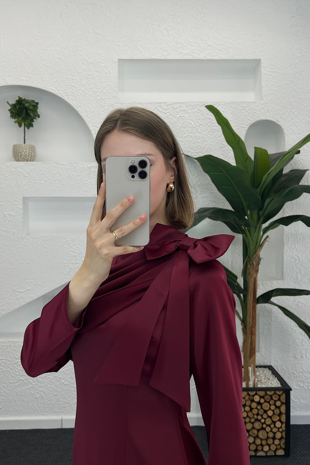 Degaje Detay Saten Abiye Bordo 3026-BORDO