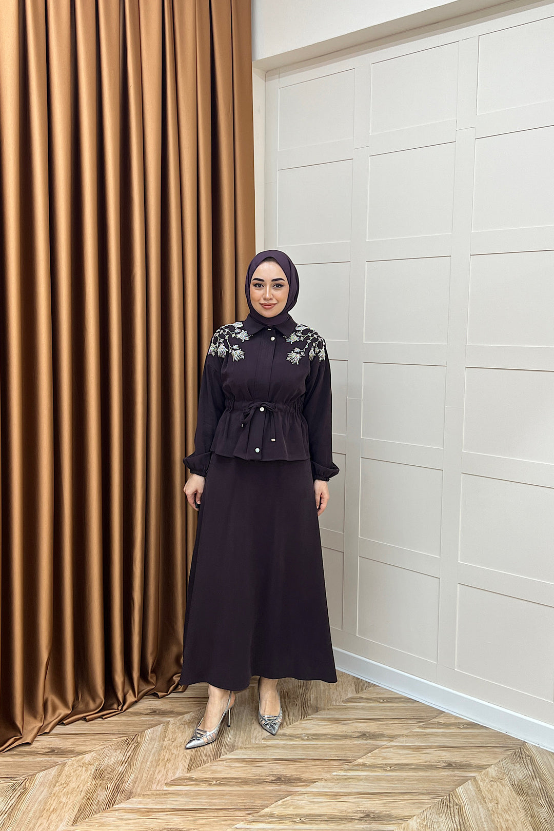 Laura Taş İşlemeli Etek Takım Mürdüm 02969-MURDUM