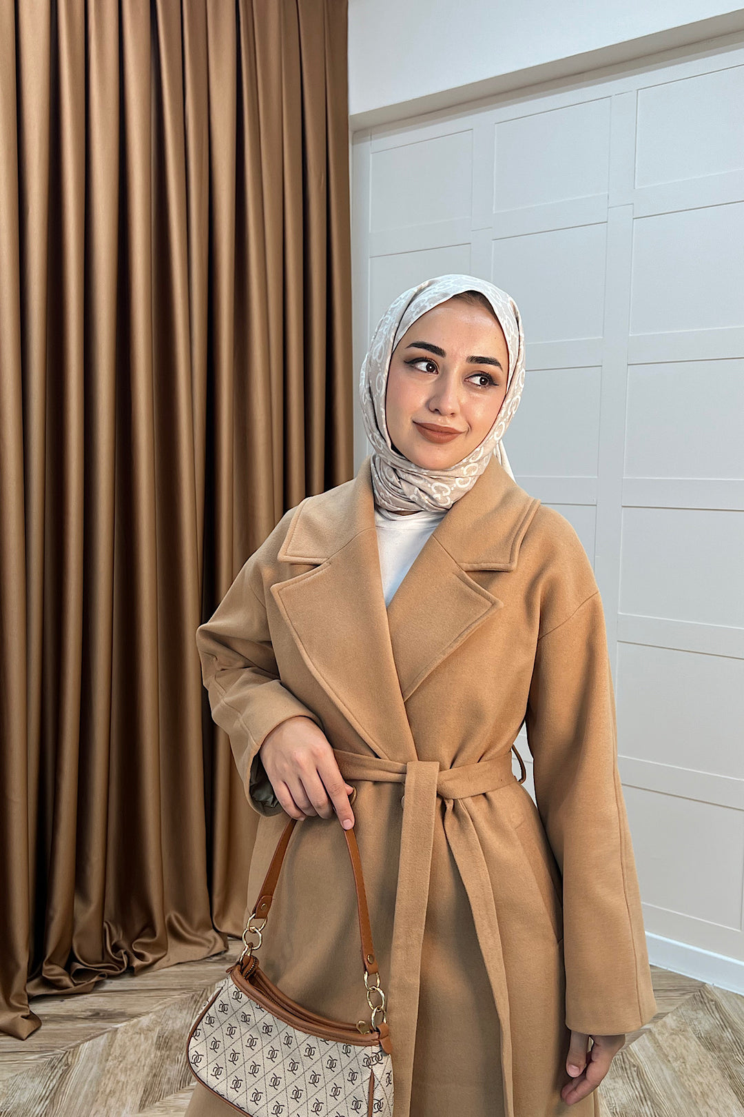 Retro Premium Kumaş Uzun Kaşe Kaban Camel 5509-CAMEL