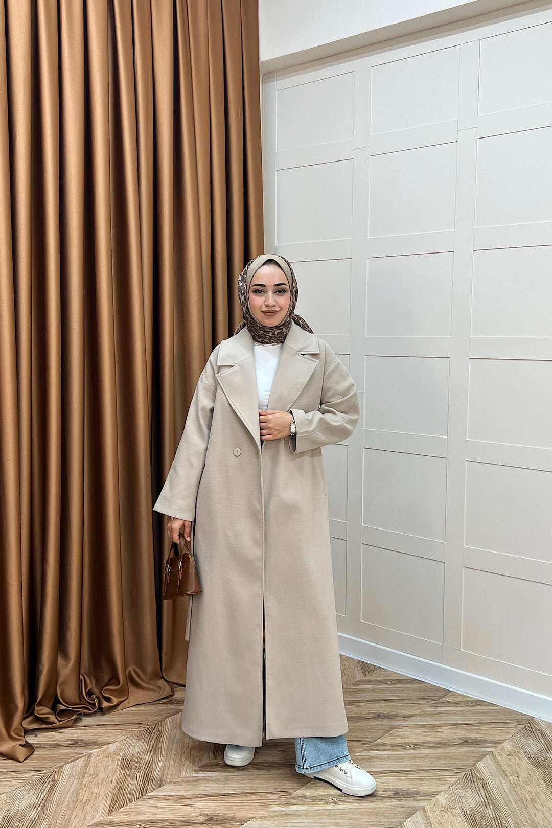 Retro Premium Kumaş Uzun Kaşe Kaban Taş 5509-TAS