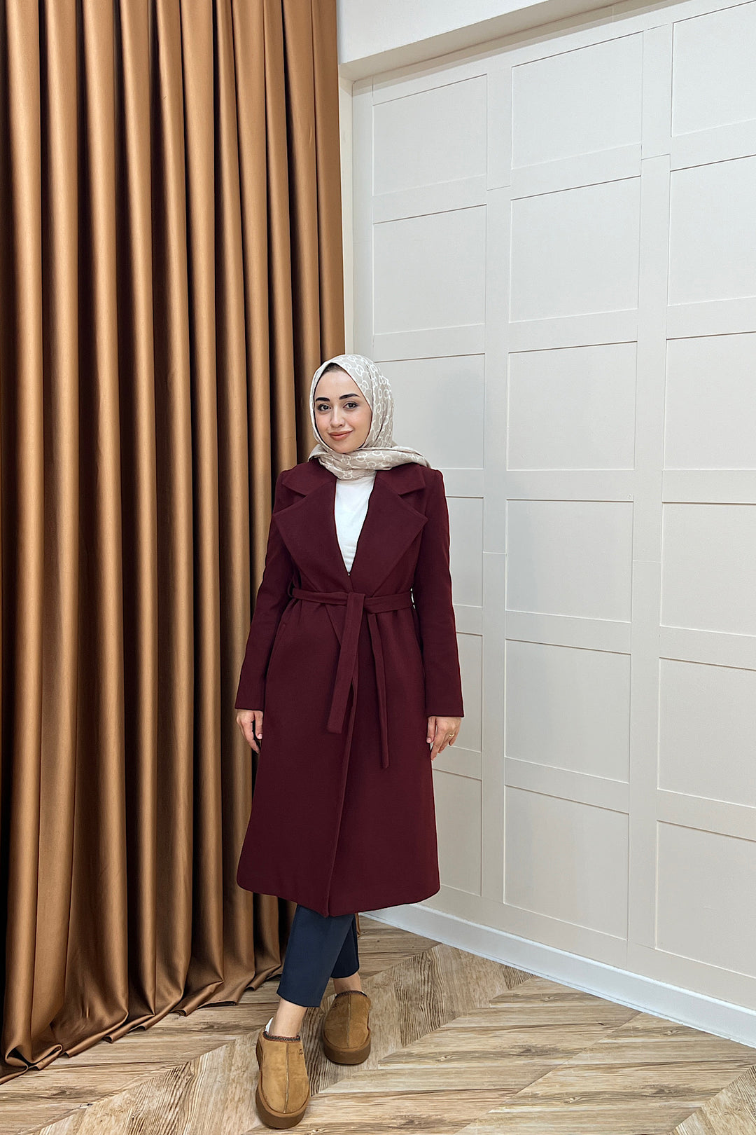 Premium Kuşaklı Kaşe Kaban Bordo 5510-BORDO