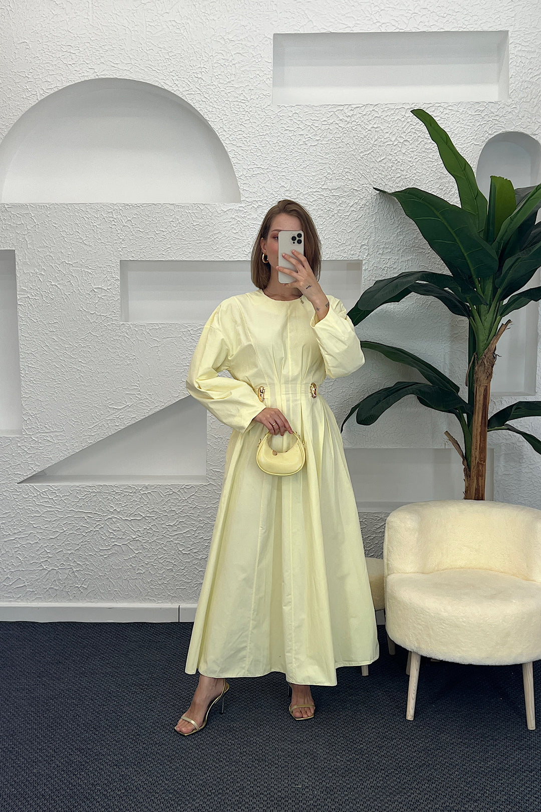 Leona Bel Detay Elbise Sarı 0325-SARI