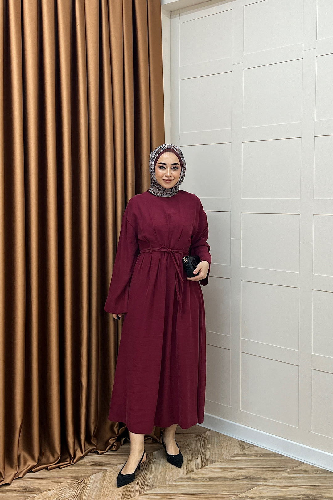 Alya Belden Bağlamalı Elbise Bordo 39020-BORDO