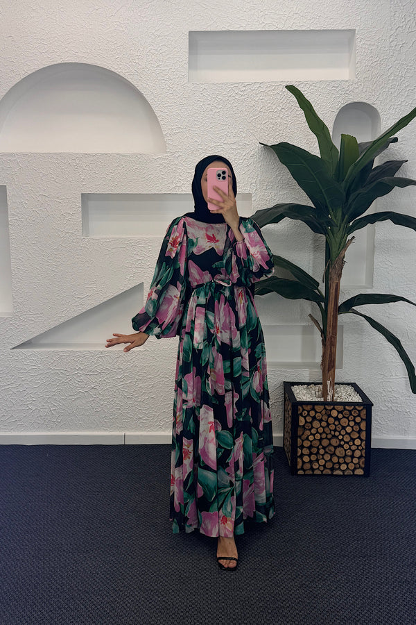 Mindy Hayal Desen Elbise Siyah 3055-SIYAH