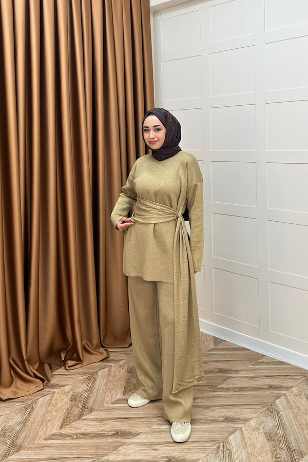 Yakamoz Şal Detay Simli Triko Takım Camel 25280-CAMEL
