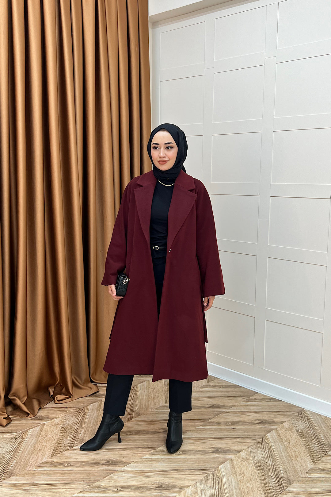 Yıldız Premium Kumaş Kuşaklı Kaban Bordo 5515-BORDO