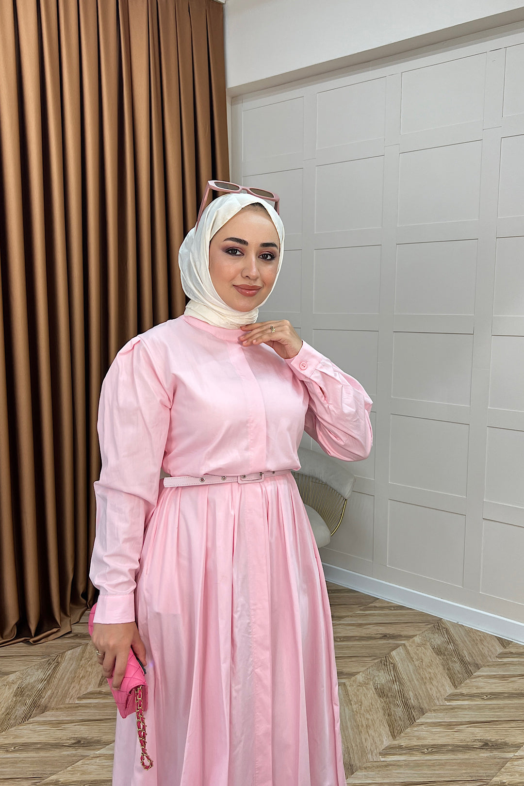 Elvin Belden Pileli Elbise Pembe 2656-PEMBE