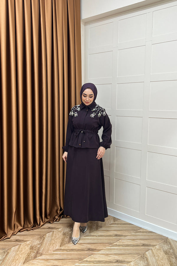 Laura Taş İşlemeli Etek Takım Mürdüm 02969-MURDUM