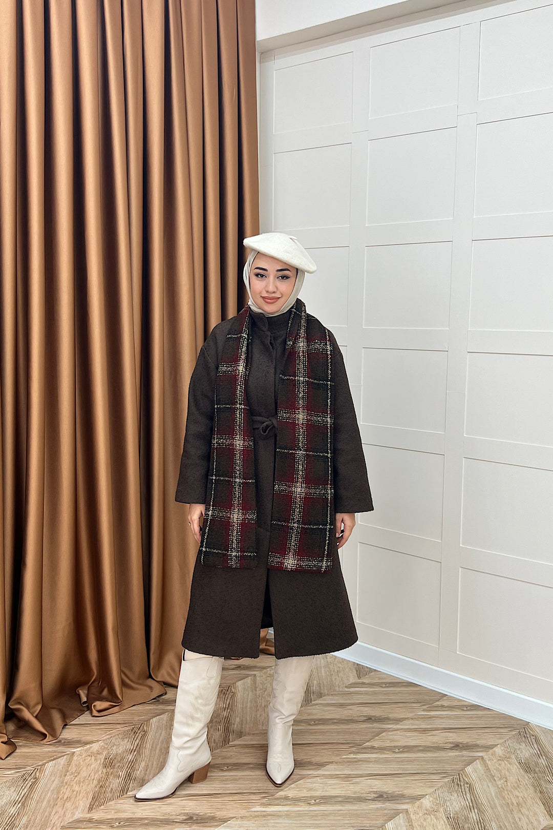 Duru Premium Kumaş Atkı Detay Kaban Kahverengi 5517-KAHVERENGI