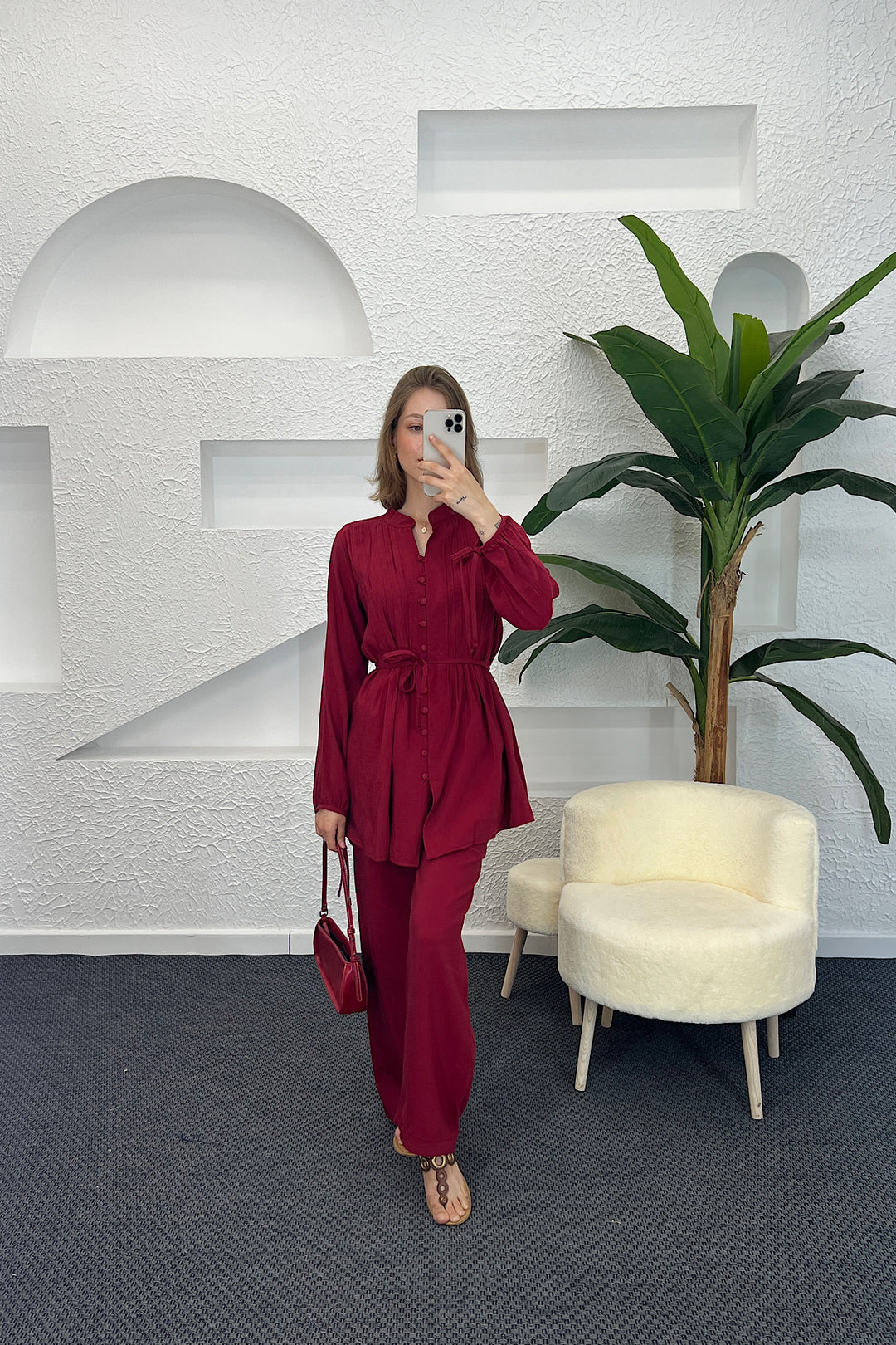 Kolları Bağcık Detay Önden Düğmeli Takım Bordo 1944-BORDO