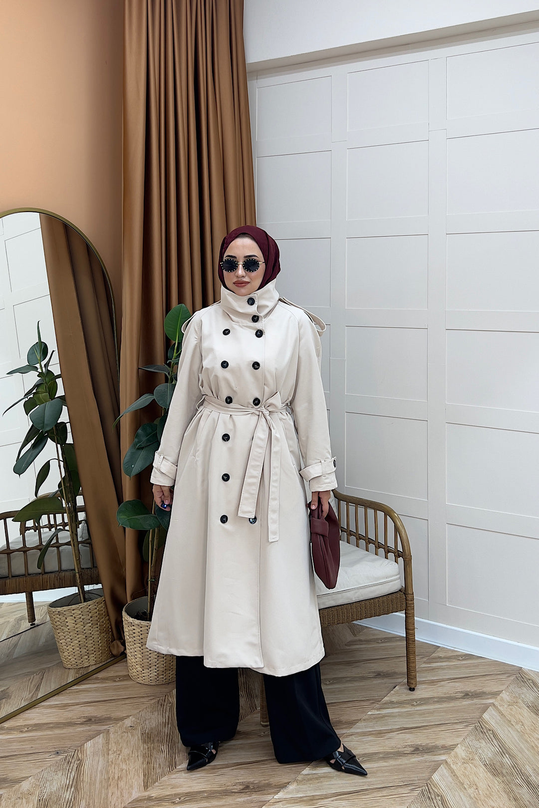 Elora Kuşaklı Uzun Trençkot Taş 5535-TAS