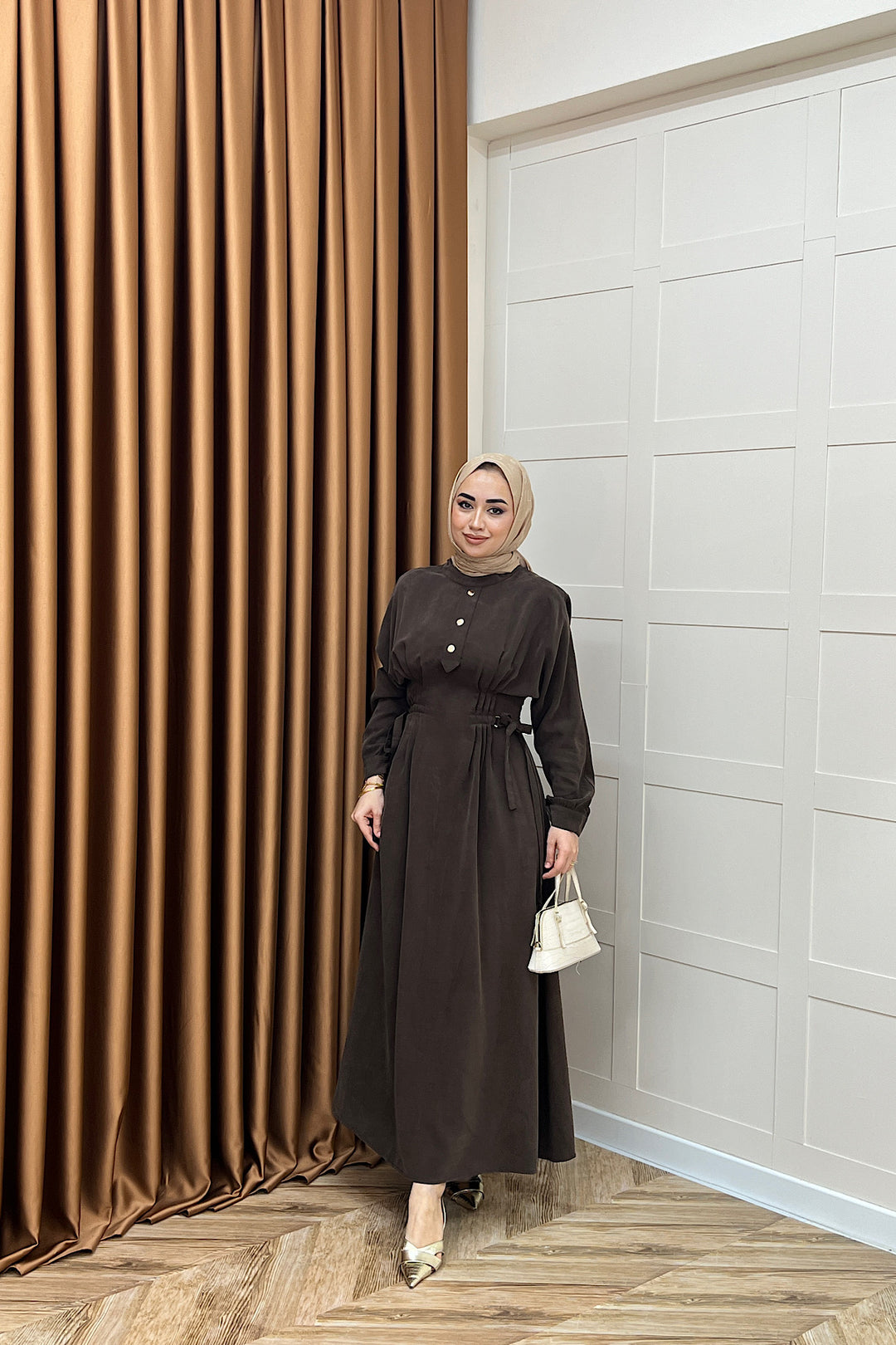 Maya Bel Detay Elbise Kahverengi 3034-KAHVERENGI