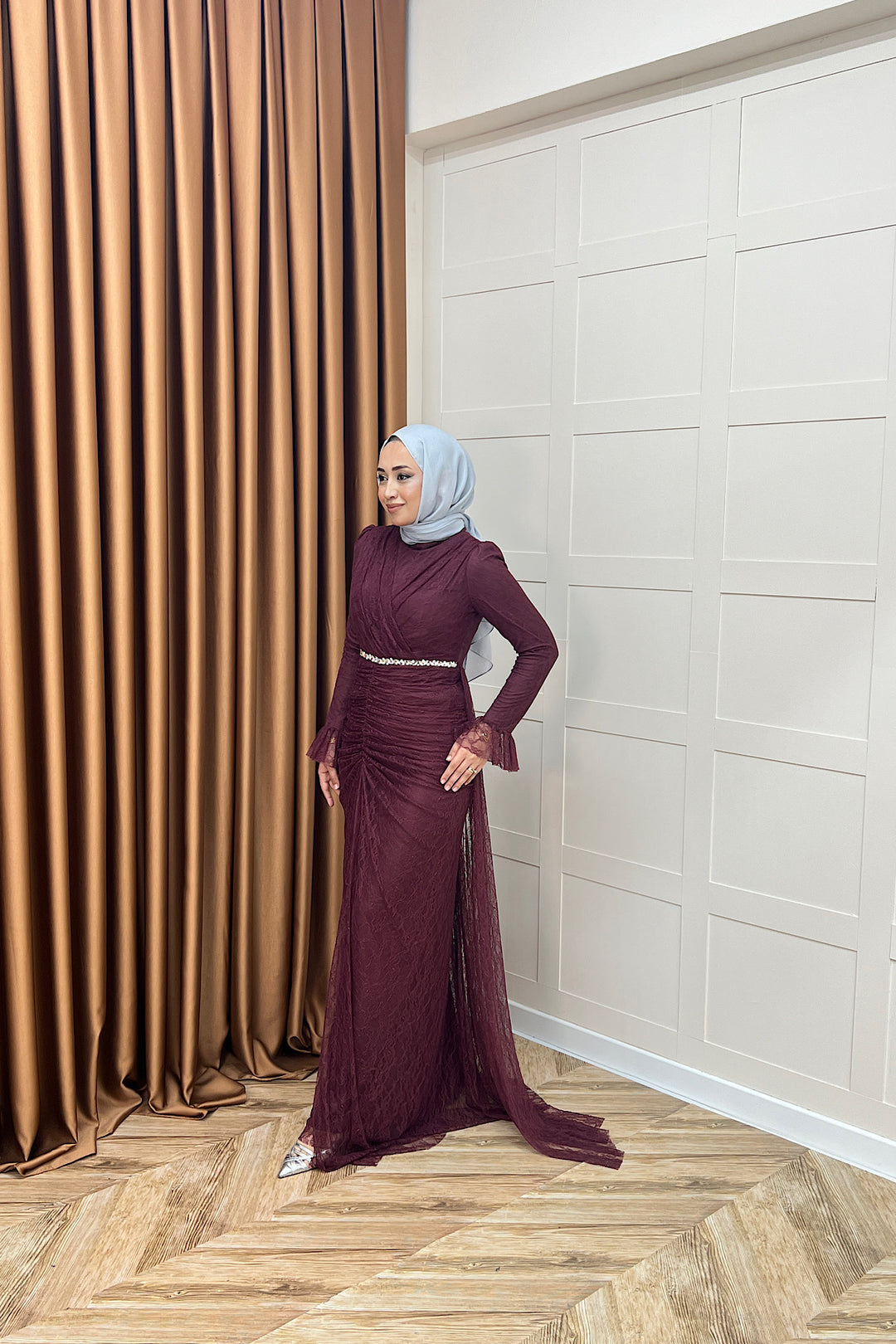 Sofia Taş Detay Dantel Abiye Bordo 3108-BORDO