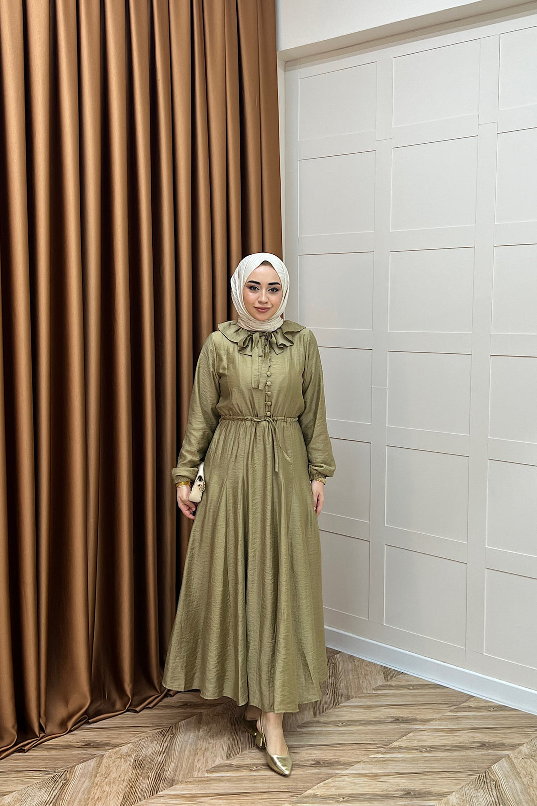 Lena Vual Elbise Yağ Yeşili 2990-YAGYESILI