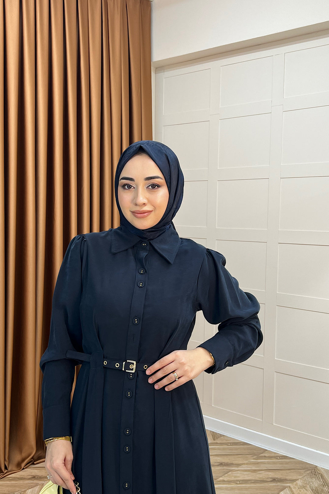 Nisa Boydan Düğmeli Elbise Lacivert 3000-LACIVERT