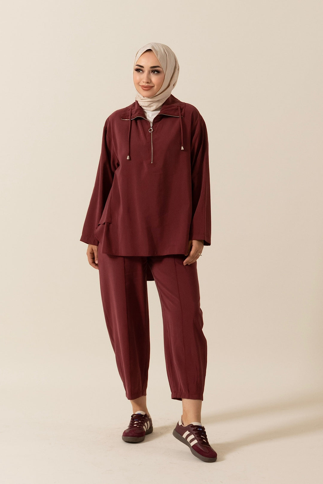 Yarım Fermuar Detay Ikılı Takım Bordo 8370-BORDO