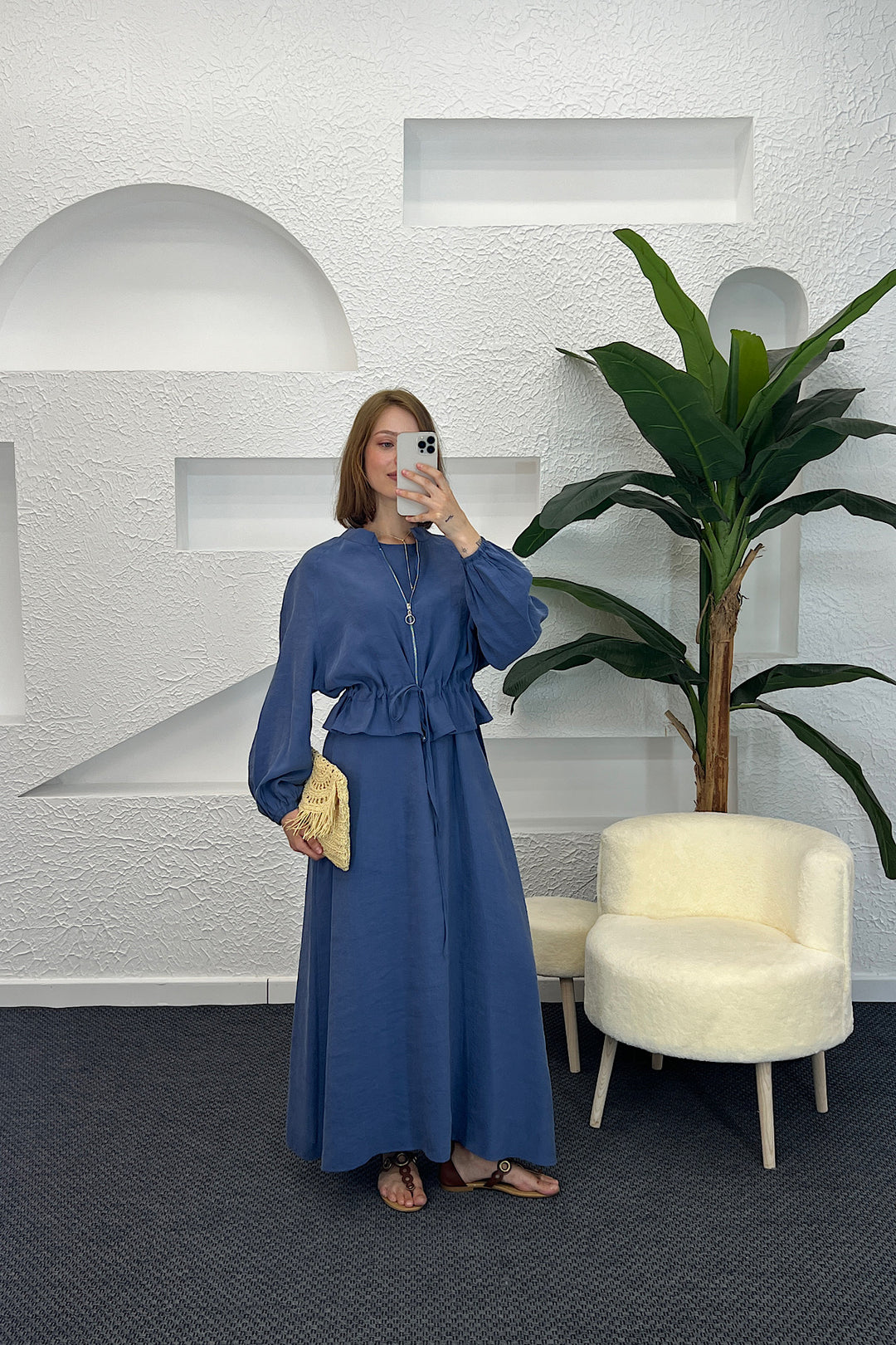 Belden Büzgülü Fermuar Detay Elbise İndigo 2889-INDIGO