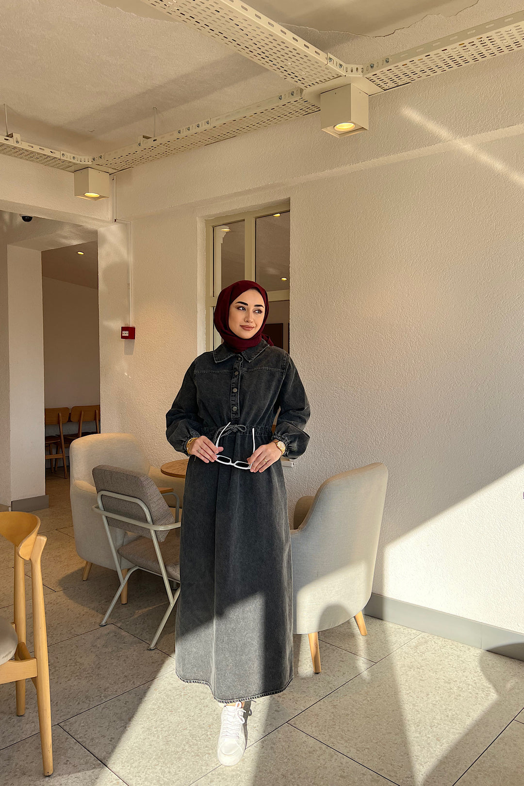 Yarım Patlı Kot Elbise Antrasit 02789-ANTRASIT