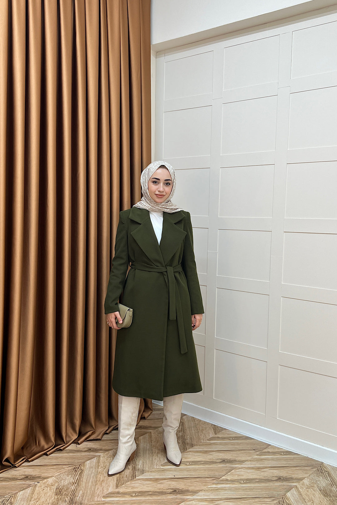 Premium Kuşaklı Kaşe Kaban Haki 5510-HAKI