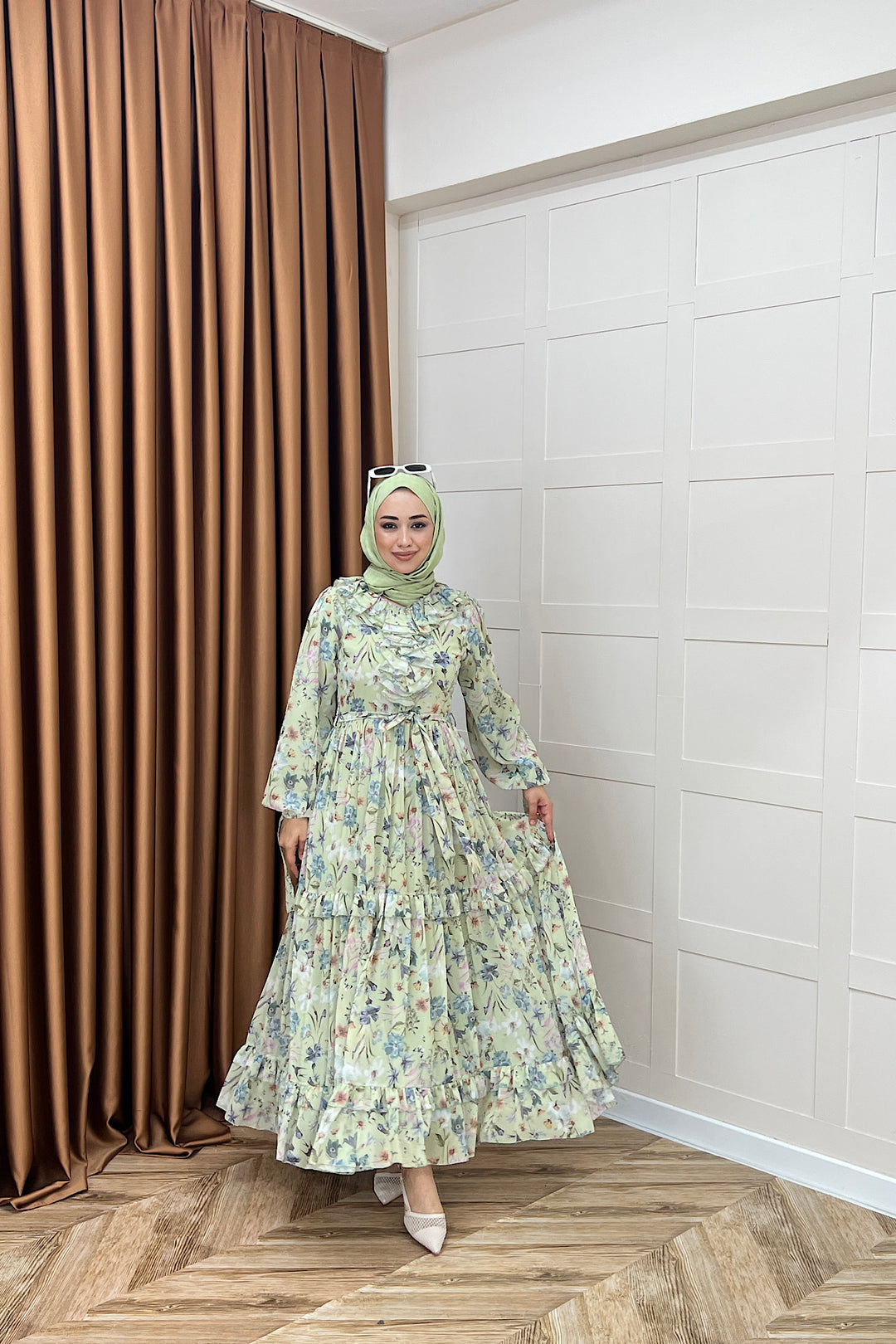 Loreno Yaka Detay Elbise Yeşil 03054-YESIL