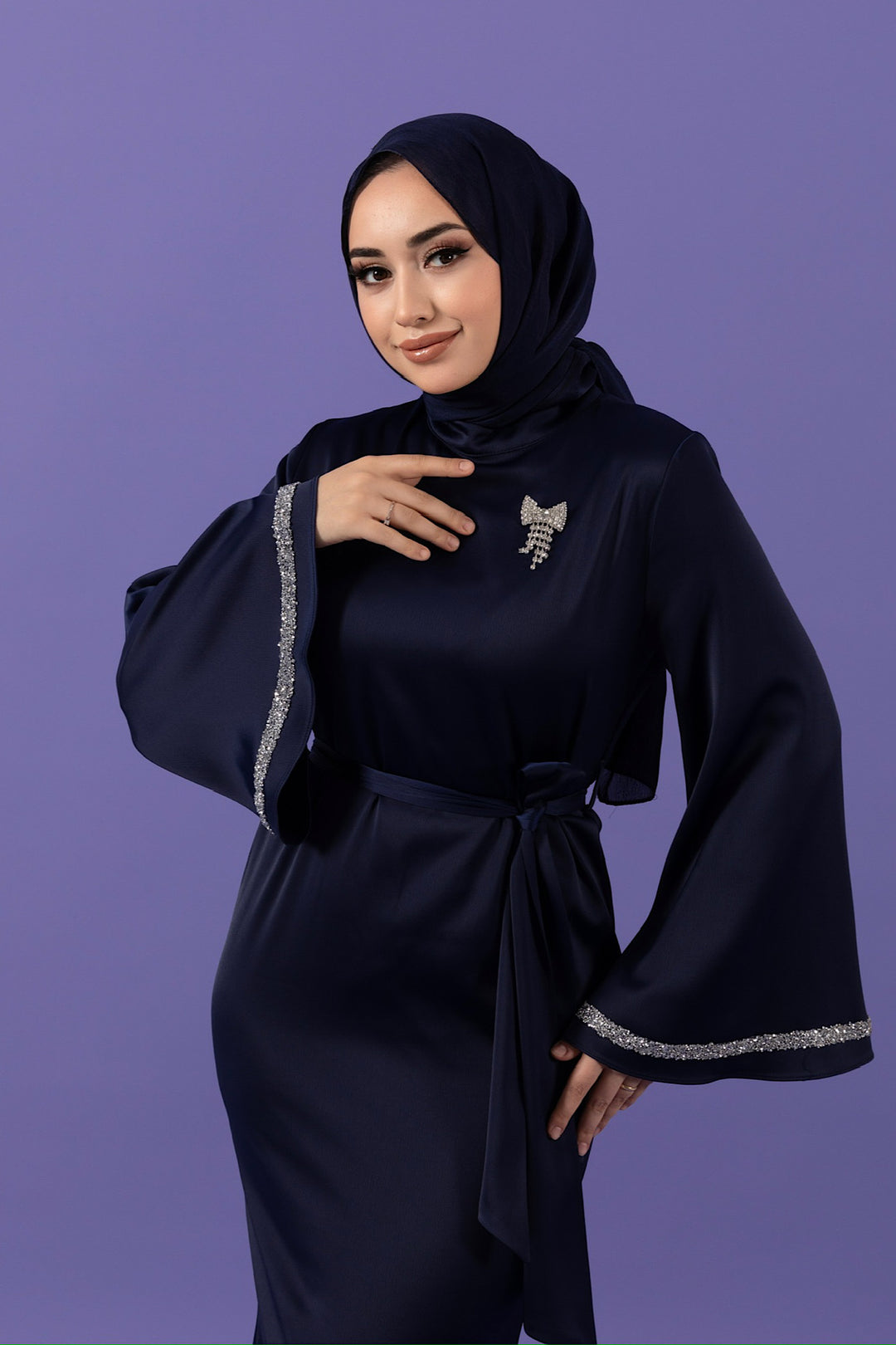 Kolları Taş Detay Saten Abiye Lacivert 3011-LACIVERT