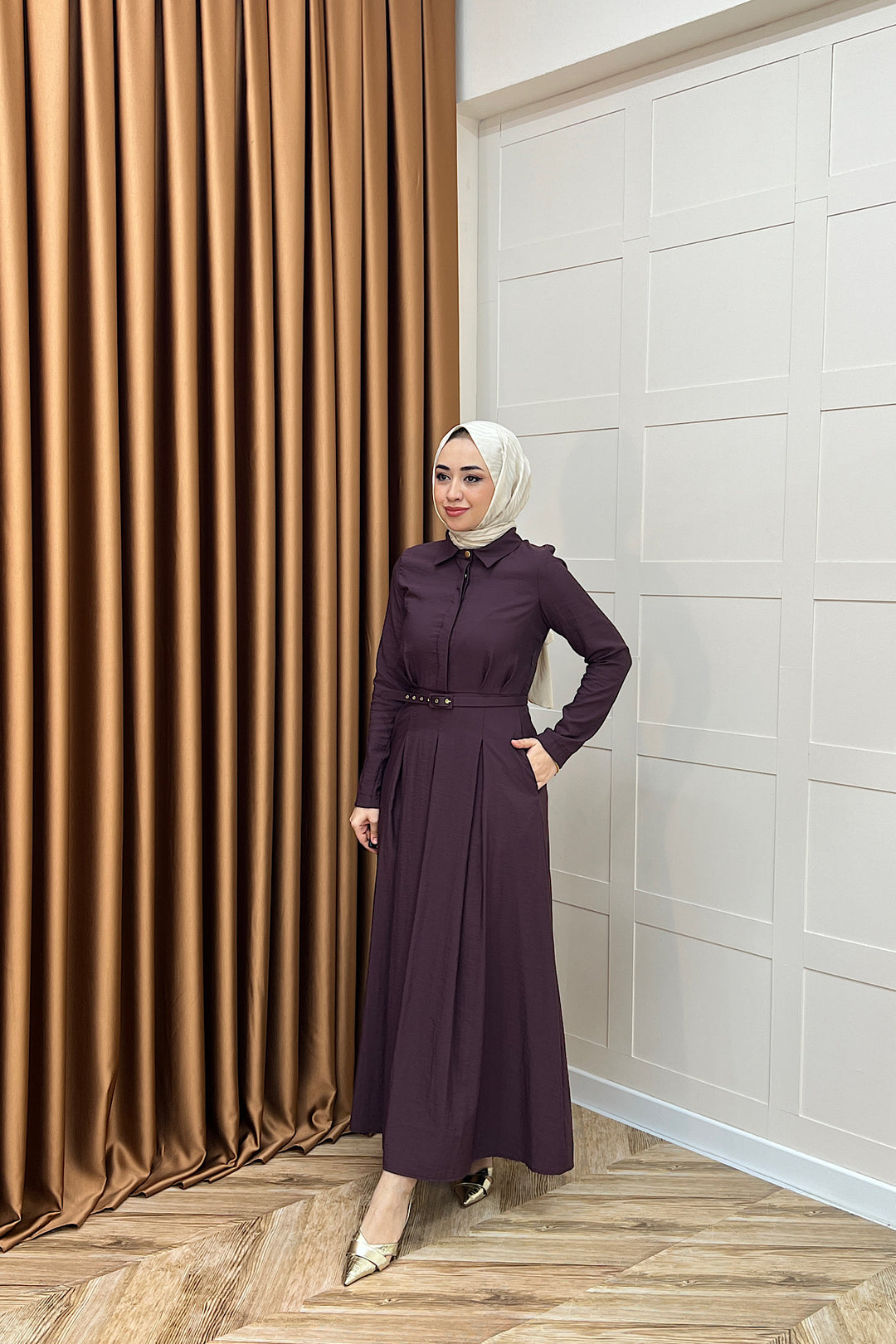 Lunia Kemerli Elbise Mürdüm 5010-MURDUM