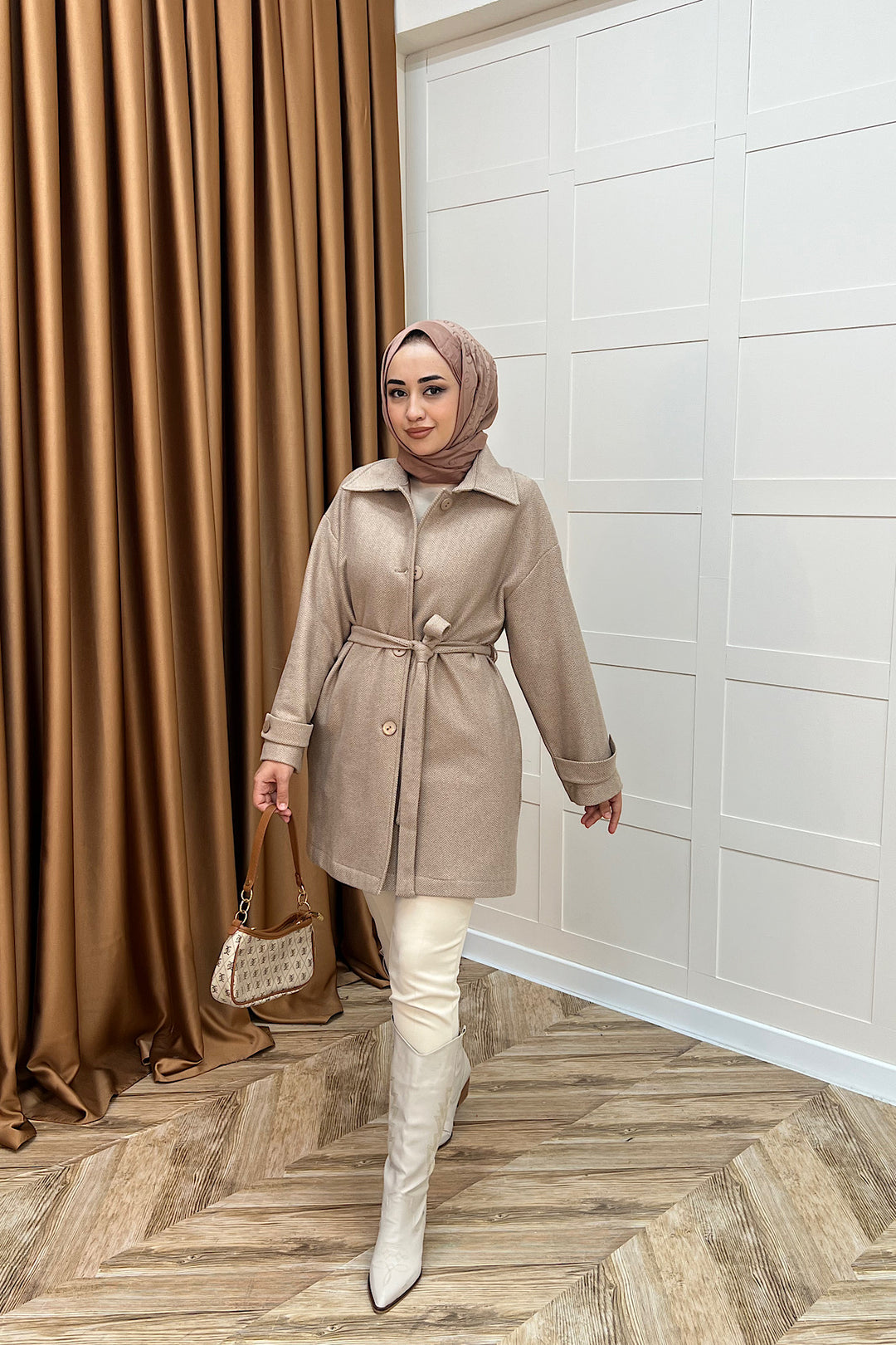 Bensu Kuşaklı Kaşe Kaban Kahverengi 5518-KAHVERENGI