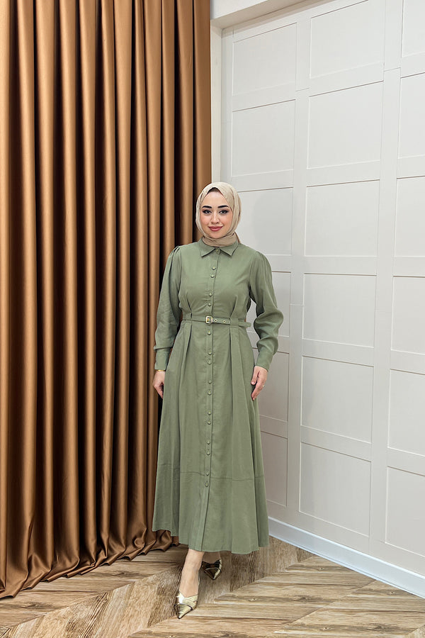 Nisa Boydan Düğmeli Elbise Yeşil 3000-YESIL
