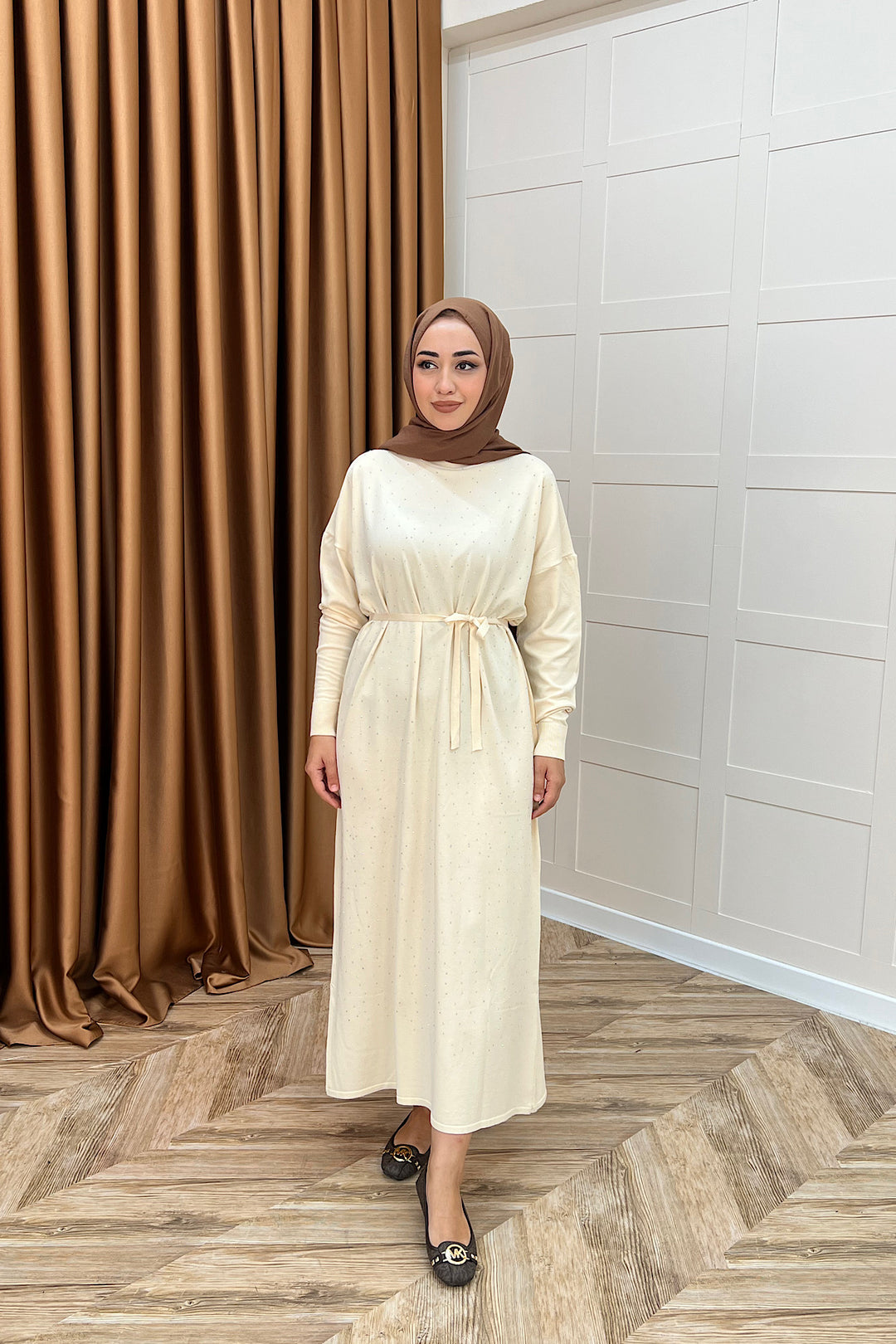 Mabel Taşlı Triko Elbise Krem 25270-KREM