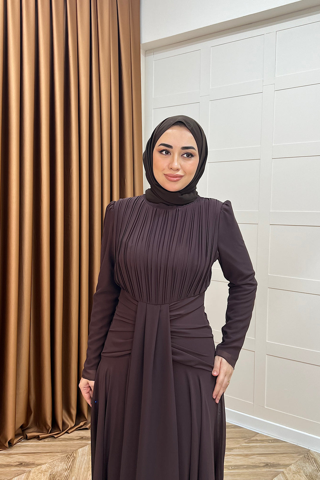 Elanor Bel Detay Şifon Abiye Kahverengi 3092-KAHVERENGI