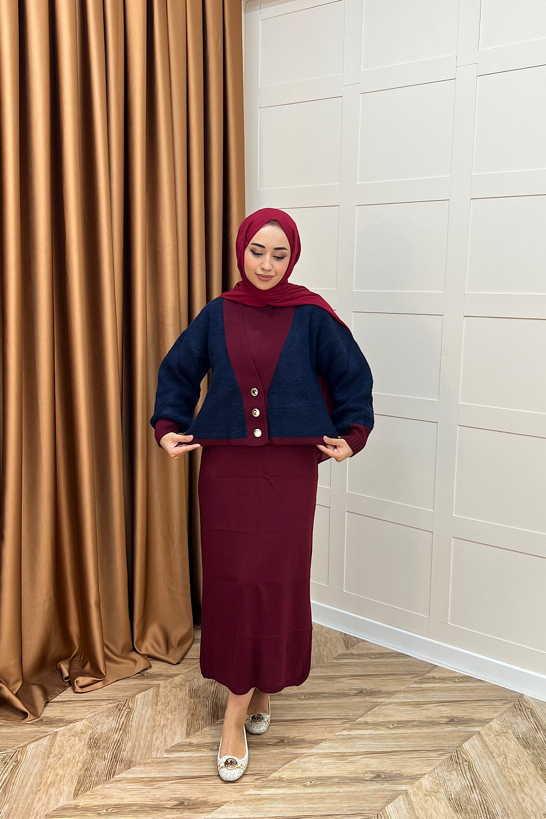 Sezen İkili Triko Elbise Bordo 241090-BORDO