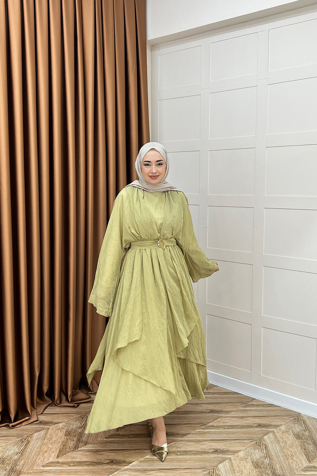 Flora Tül Modal Elbise Yeşil 8052-YESIL