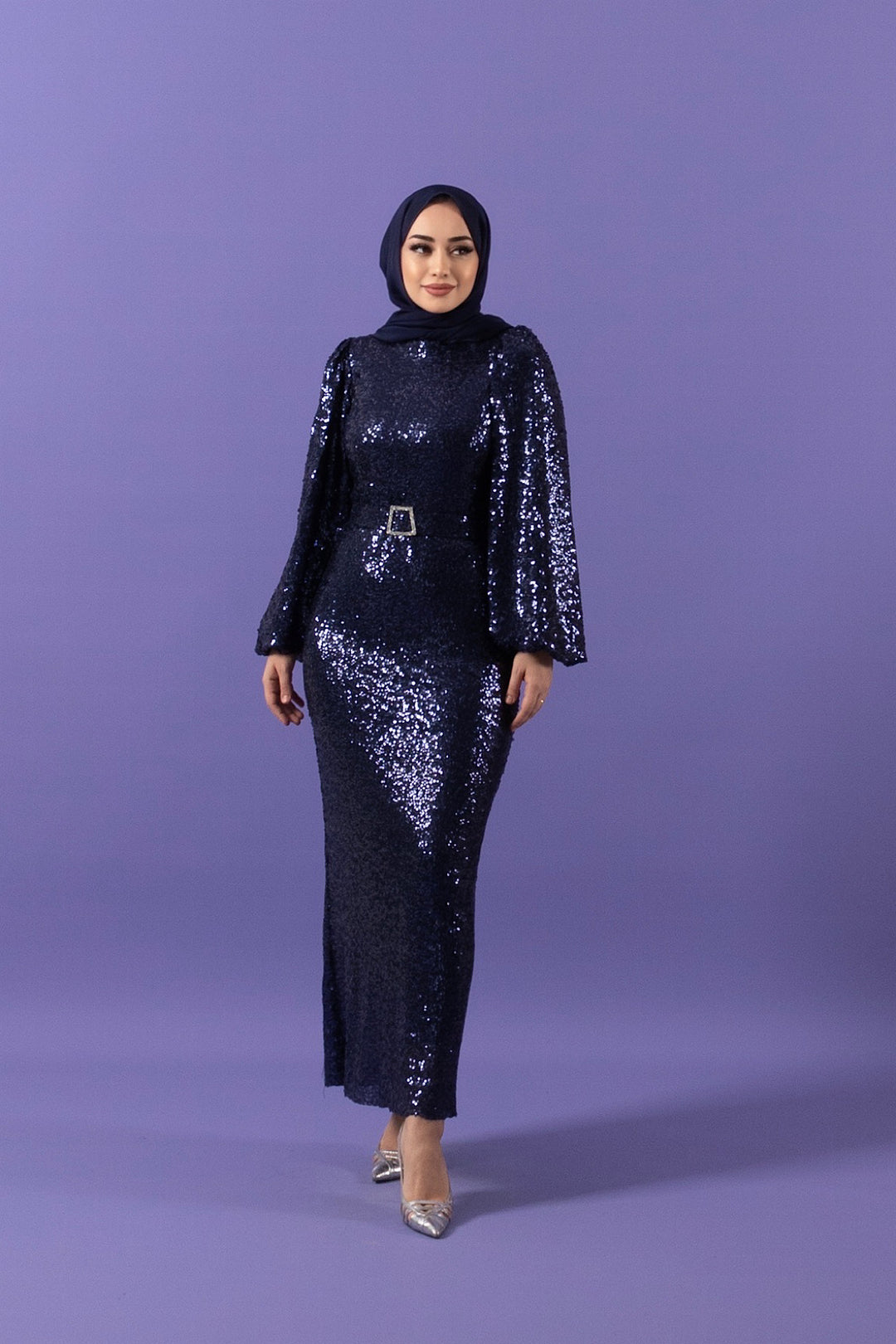 Kristal Payetli Balon Kol Abiye Lacivert 3016-LACIVERT