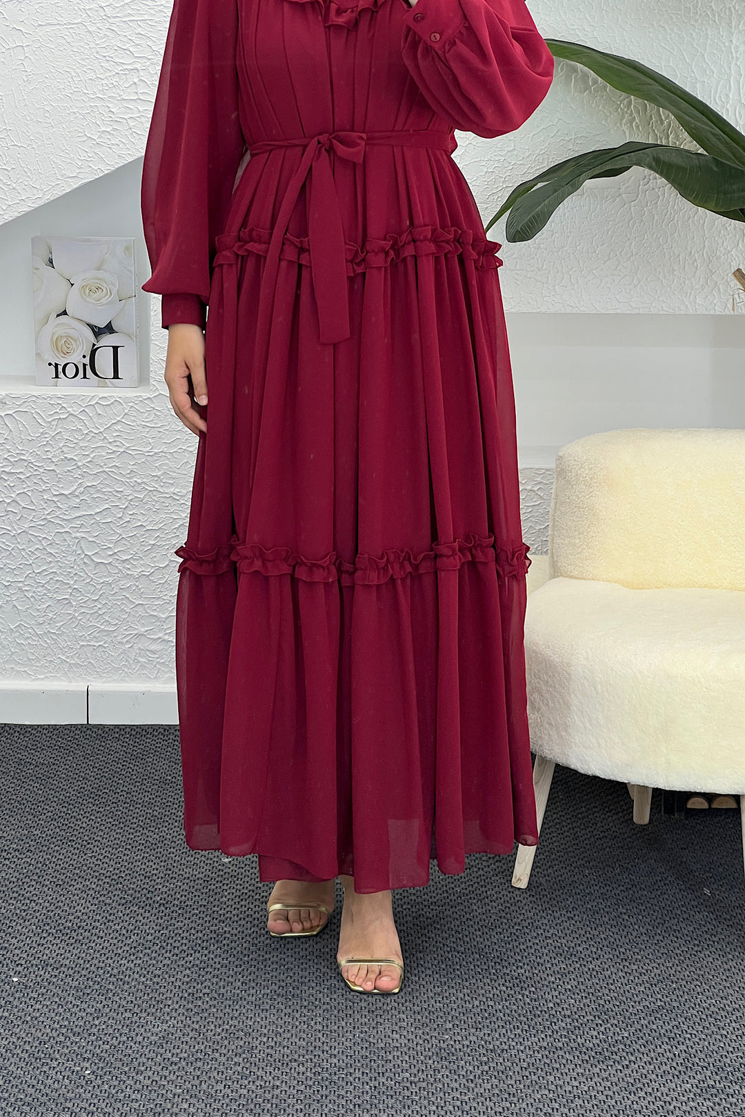 Lowel Fırfır Detay Elbise Bordo 3058-BORDO