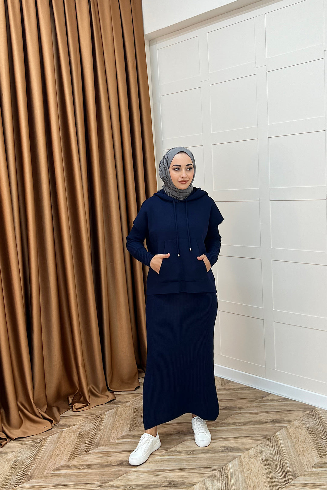 Üst Kapüşonlu İkili Triko Elbise Lacivert 25290-LACIVERT