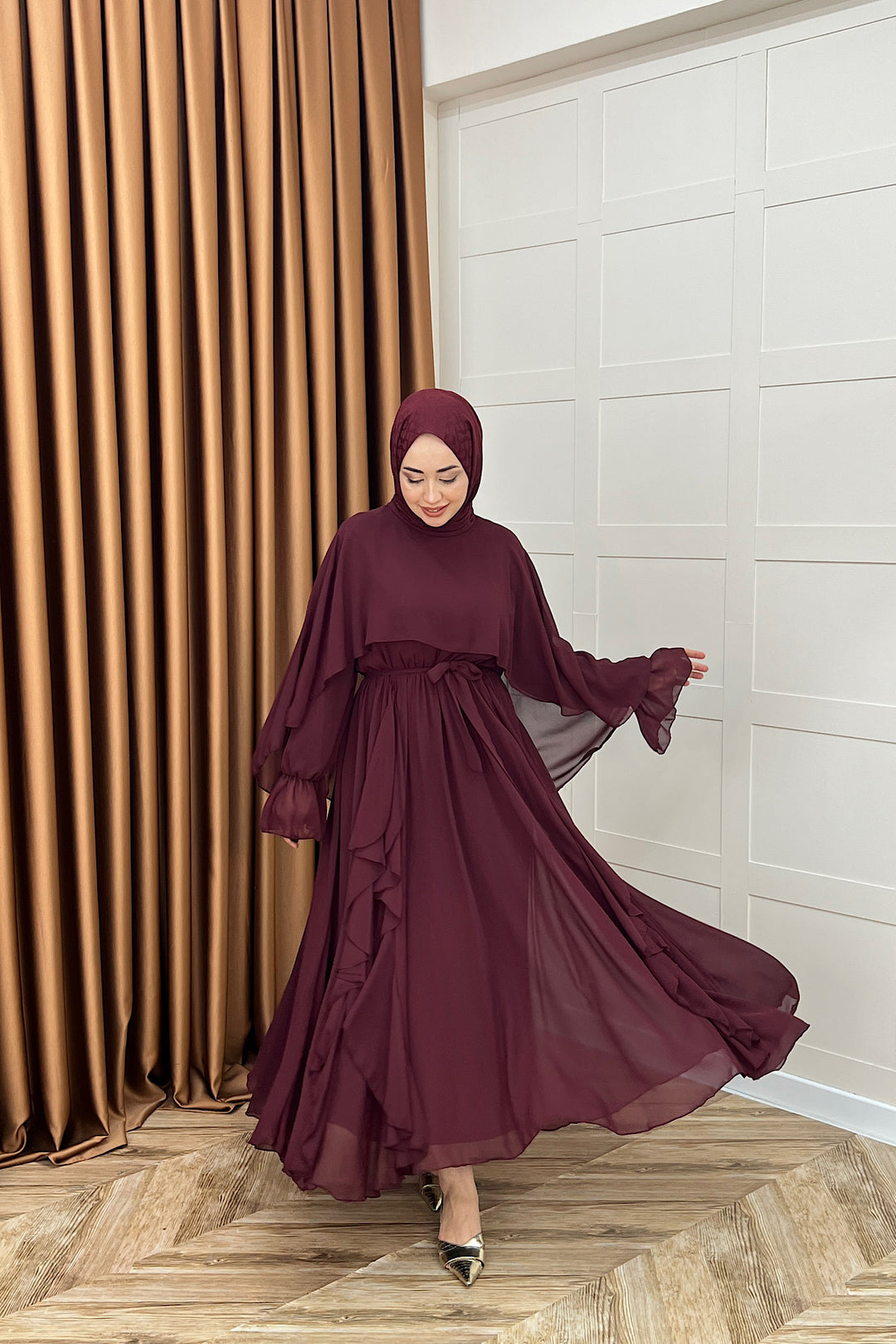 Lovely Şifon Fırfırlı Elbise Bordo 02001-BORDO