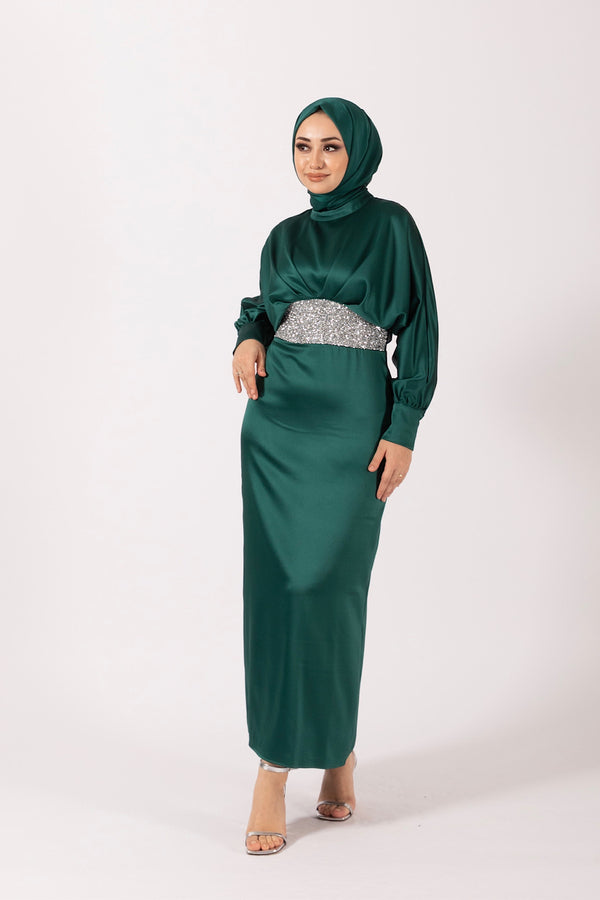 Beli Taş Detay Saten Abiye Zümrüt 4862-ZUMRUT