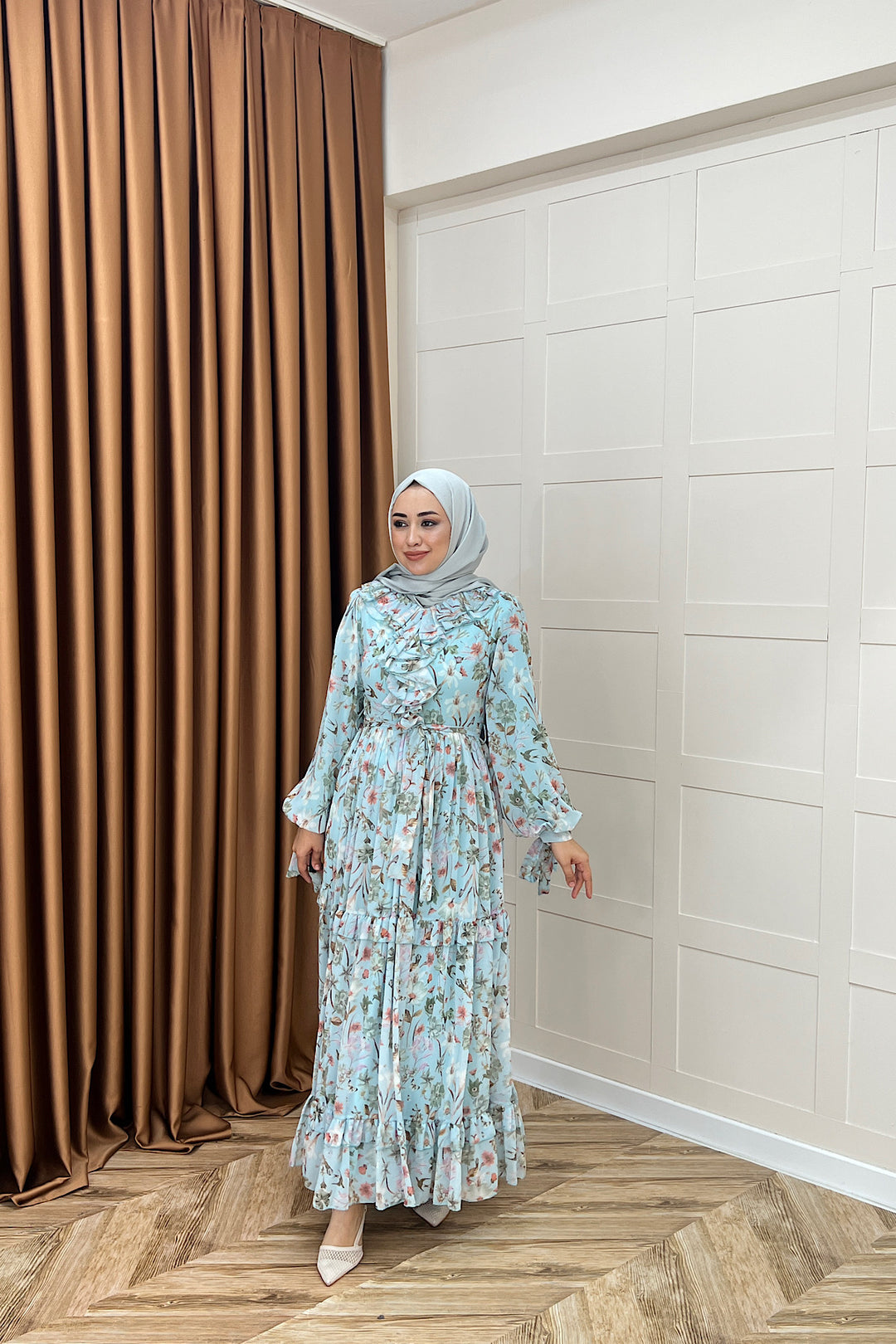 Loreno Yaka Detay Elbise Mavi 03054-MAVI