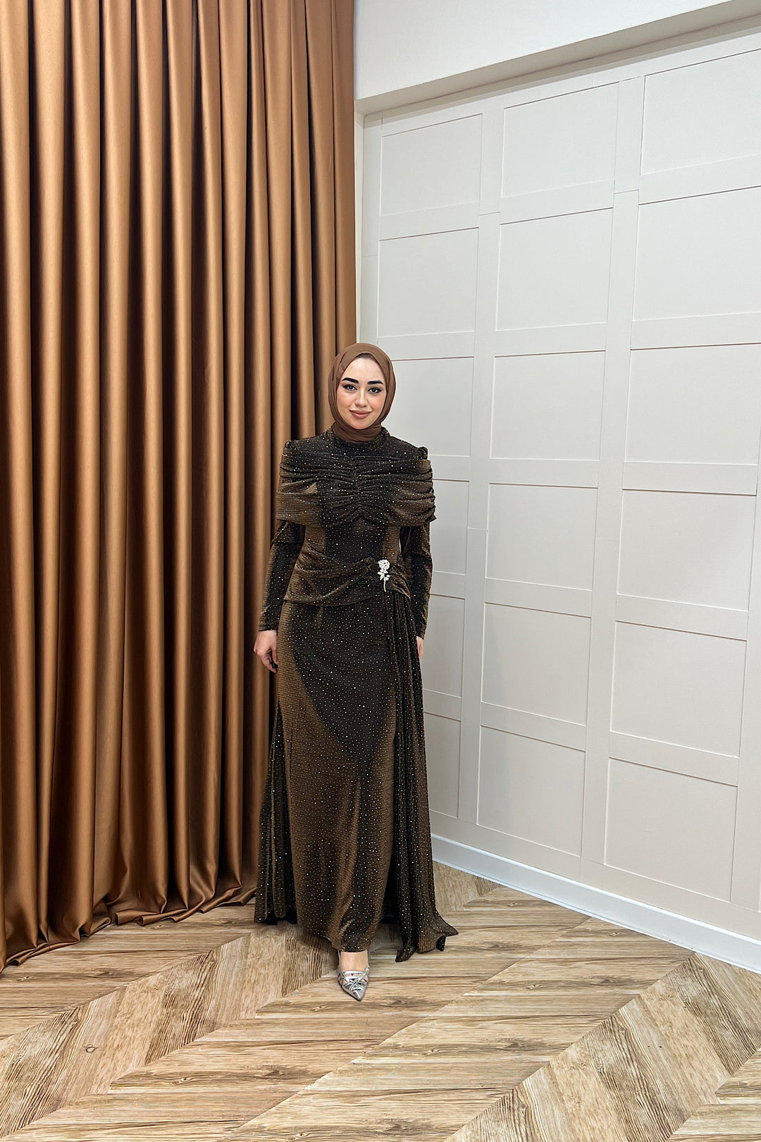 Helena Çiçek Taşlı Abiye Kahverengi 3097-KAHVERENGI