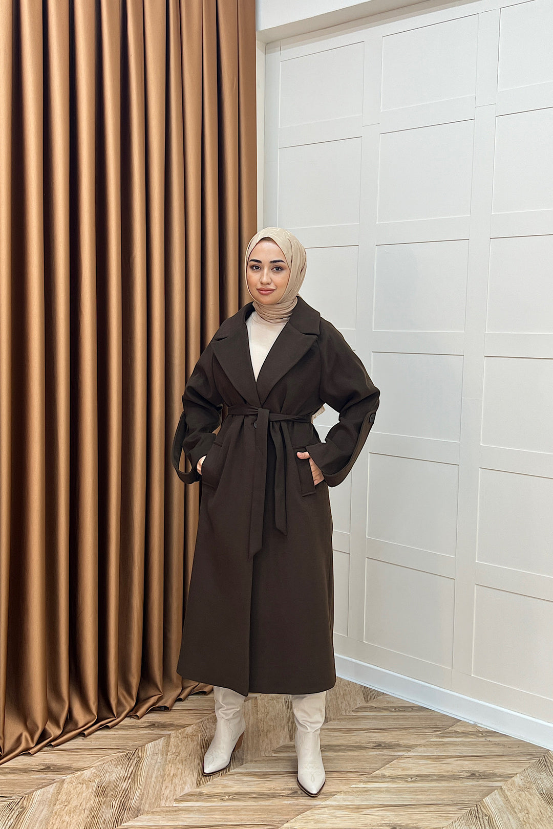 Kol Detay Kaşe Kaban Kahverengi 5522-KAHVERENGI